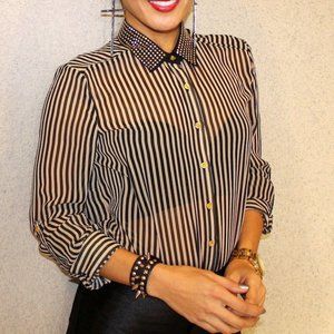 Tan Black Stripes Long Sleeve Sheer Blouse